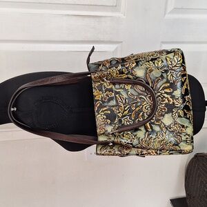 Floral Embossed Shoulder Bag in Green, Beige & Brown